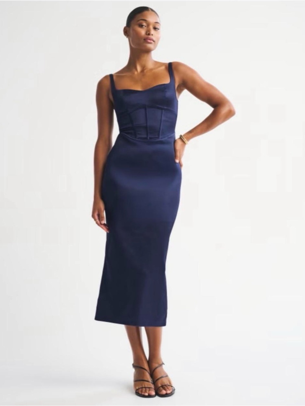 Abercrombie & Fitch Navy Corset Satin Midi Dress